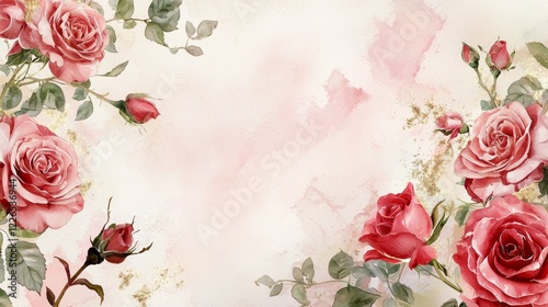 Valentine mockup card elements design. Watercolor Roses Border Arrangement With Pink and Red Blossoms and Green Leaves Decoration.