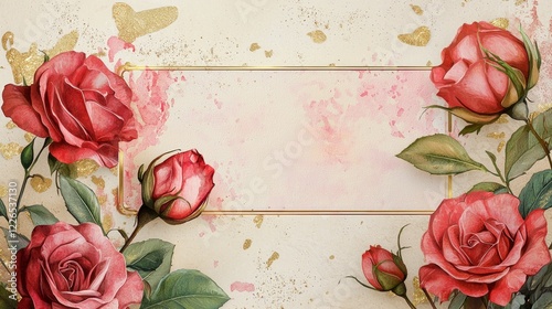 Valentine mockup card elements design. Watercolor Roses With Golden Frame And Hearts On Off White Background Elegant Floral Design.