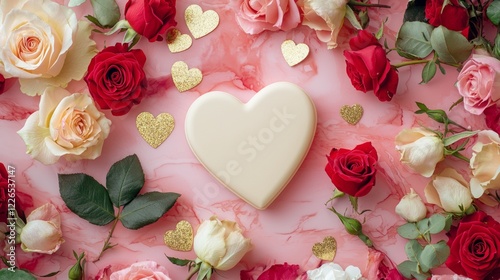 Valentine mockup card elements design. White Heart Surrounded by Red Pink Roses and Gold Hearts on a Pink Textured Background.