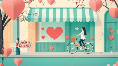 Valentine mockup card elements design. Woman Cycling Past Shop with Heart Accents on Valentine's Day Decorations in Bright Day. photo