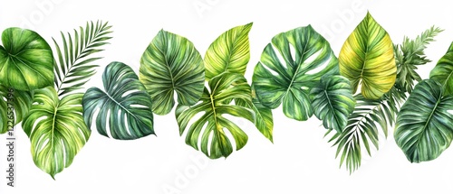 Tropical foliage watercolor illustration of monstera and palm leaves on white background
