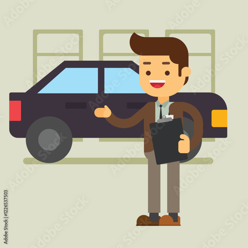 Happy smiling car dealer seller man character showing new car
