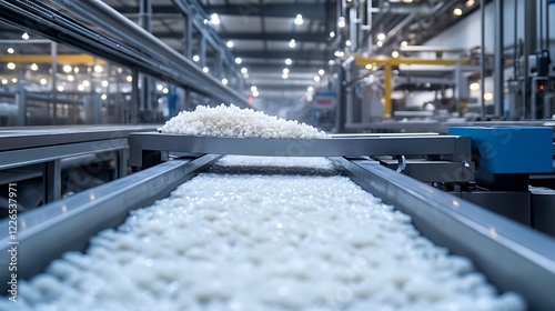 Close-up shot of food being processed on a conveyor belt in a large factory, showing the intricate details of the industrial food processing equipment