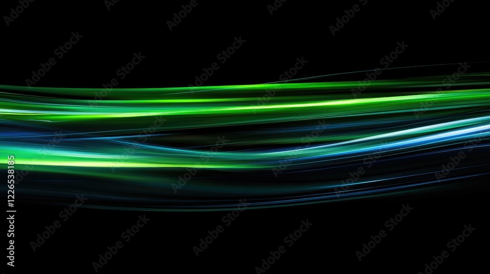 Abstract flowing lines of green and blue light over a dark background, creating a sense of motion and fluidity for creative designs and artistic projects. Abstract flowing lines of green and blue light over a dark background, creating a sense of motion and fluidity for creative designs and artistic projects.