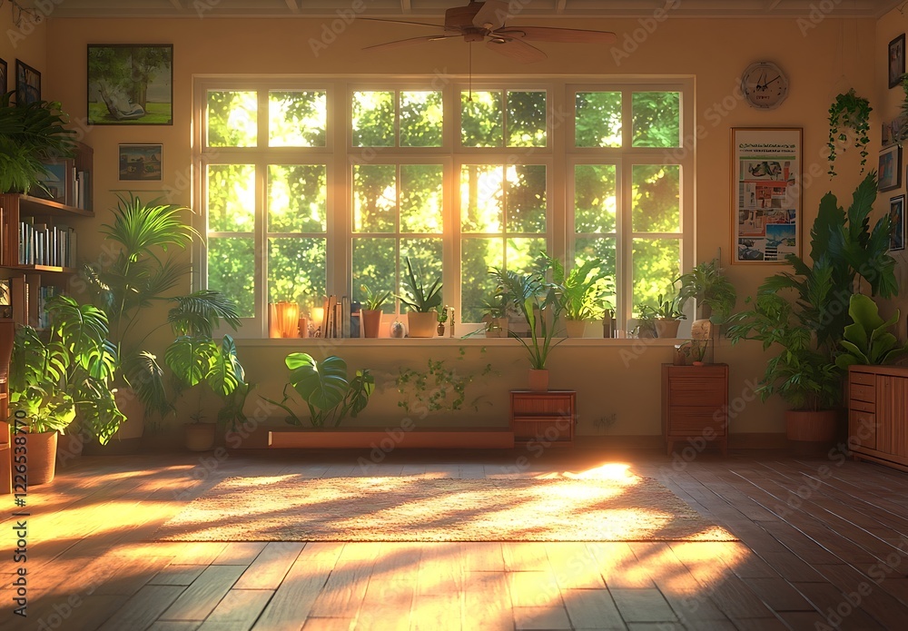 Fototapeta premium Sunlit Room with Plants, Bookshelf, and Wooden Floor