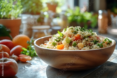 Detailed image of quinoa beautifully arranged in a wooden bowl, placed on a kitchen table, surrounded by natural light and a rustic setting
