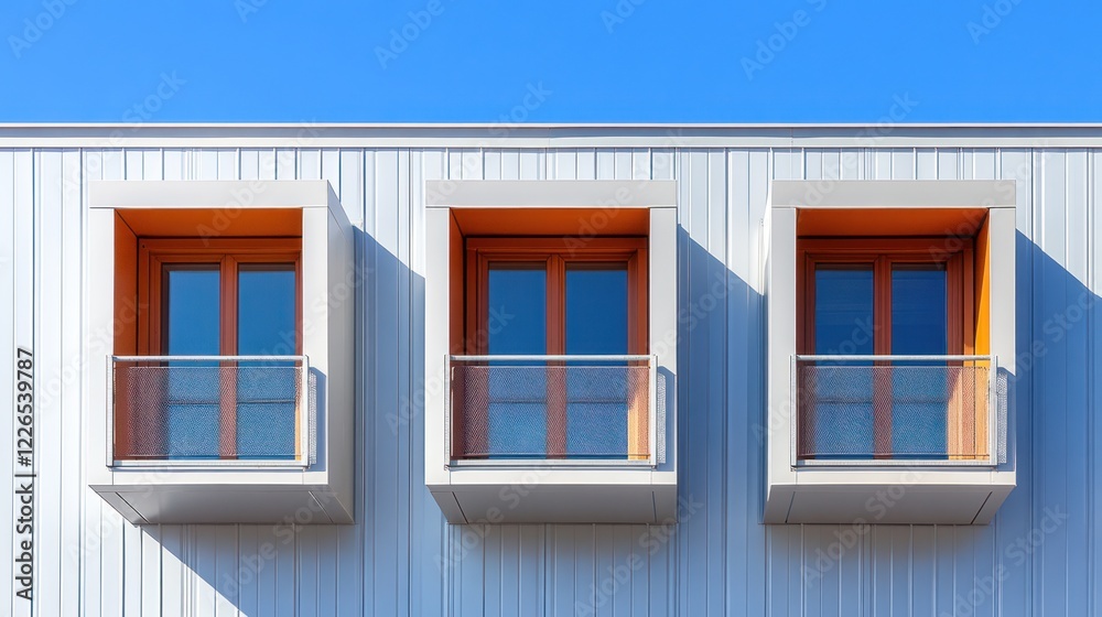 Modern building facade, three balconies, sunny day Modern building facade, three balconies, sunny day