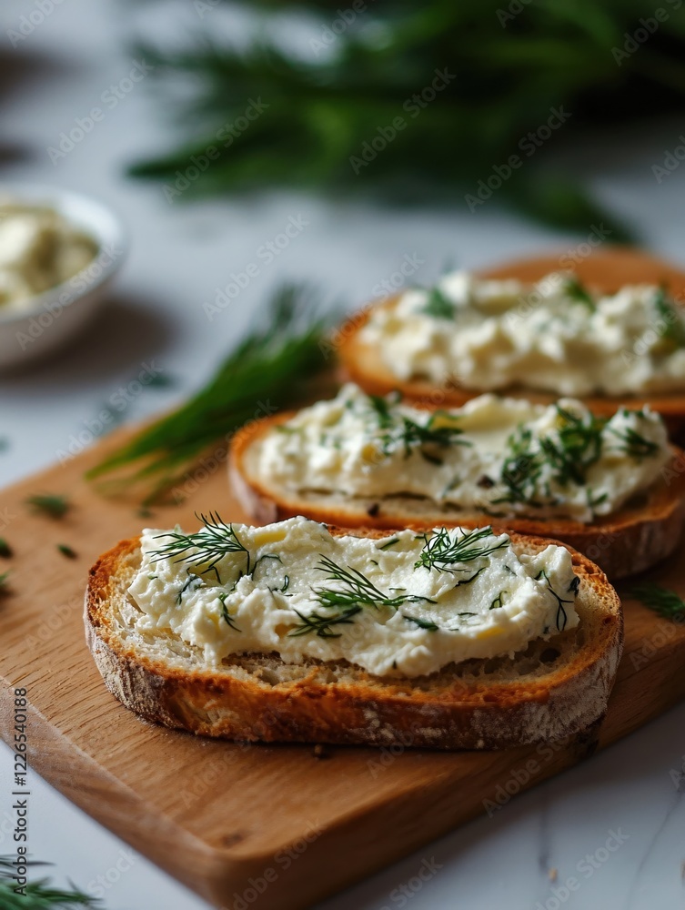 Toasted bread with creamy spread and fresh dill on a wooden board for a healthy snack Toasted bread with creamy spread and fresh dill on a wooden board for a healthy snack