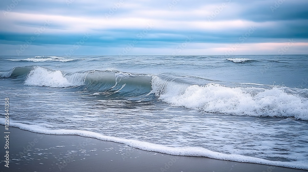 Fototapeta premium Ocean waves rolling onto the sandy beach under a cloudy sky with soft light and calm mood