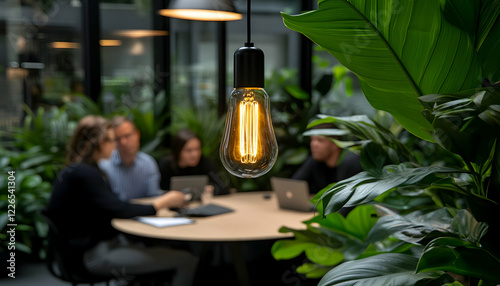 A glowing Edison bulb hangs above a blurred background of people working in a modern, plant-filled office, symbolizing ideas, innovation, and collaboration.