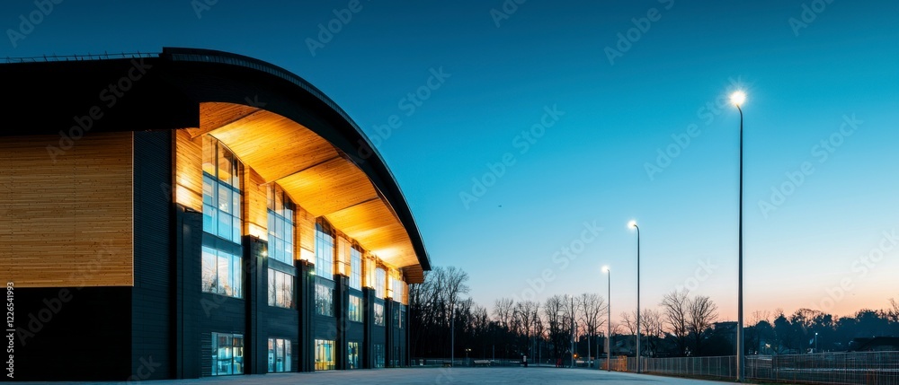 Fototapeta premium Modern Architecture Dusk Illuminated Wood Glass Building