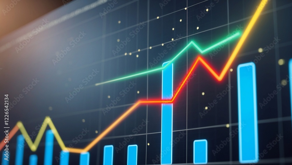 Fototapeta premium A digital screen displaying a line graph with multiple colored lines moving upward, over a dark grid background with glowing data points