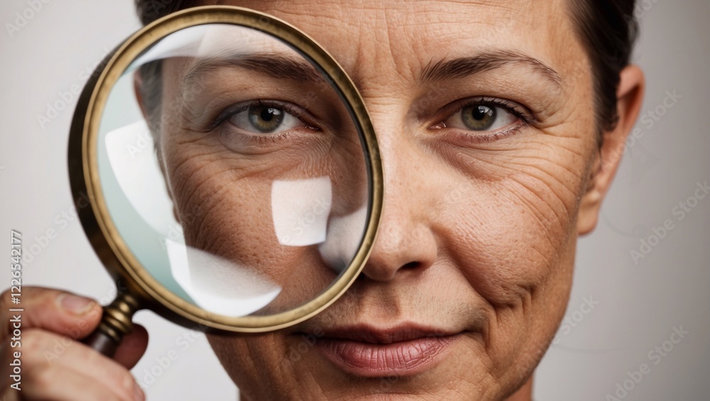 Close-up view of a person's face with a magnifying glass highlighting skin details Close-up view of a person's face with a magnifying glass highlighting skin details