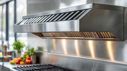 Modern kitchen stainless steel range hood, illuminated, cooking
