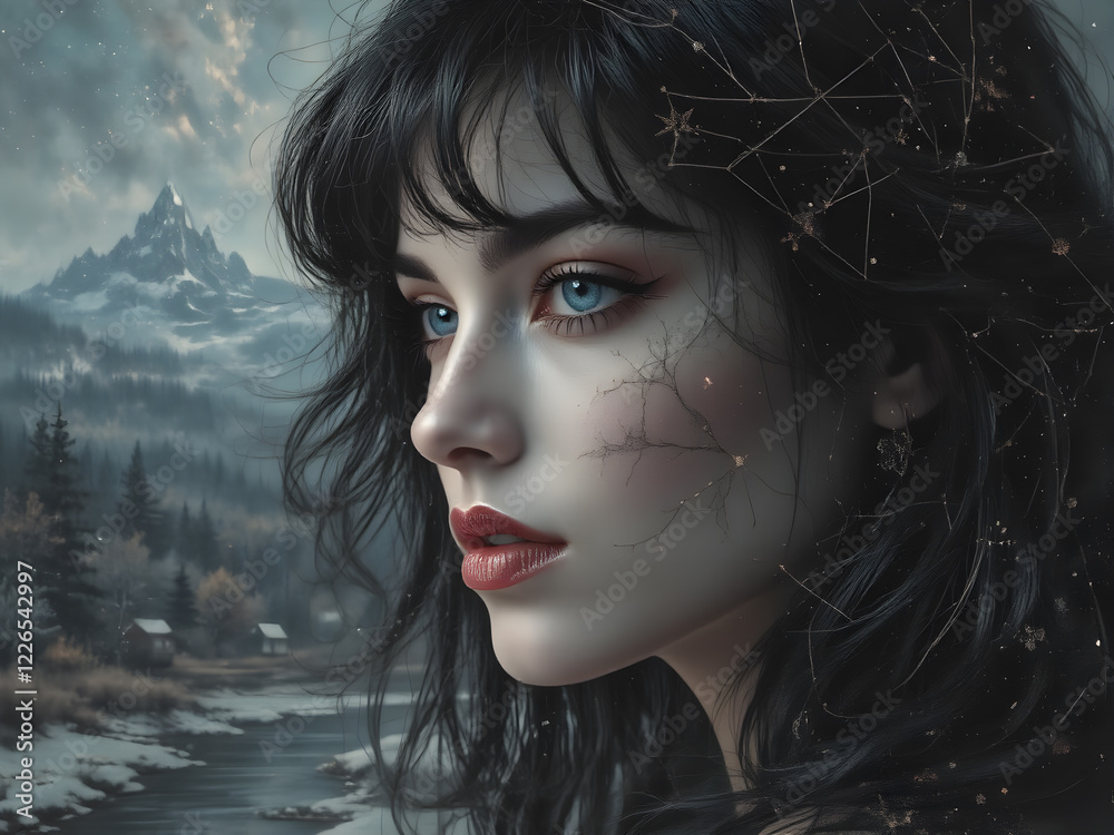 Naklejka premium Mystical Woman, Winter Landscape Portrait - Dark fantasy