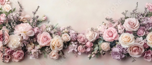 Soft floral arrangement with pastel roses and small flowers on a light background for design