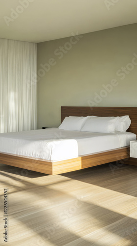 Modern minimalist bedroom design with wooden furniture and natural light
