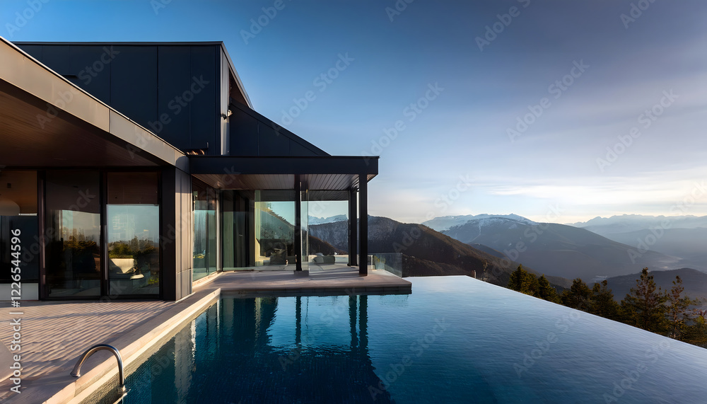 Obraz premium Luxurious Modern Black House with Infinity Pool and Stunning Mountain View
