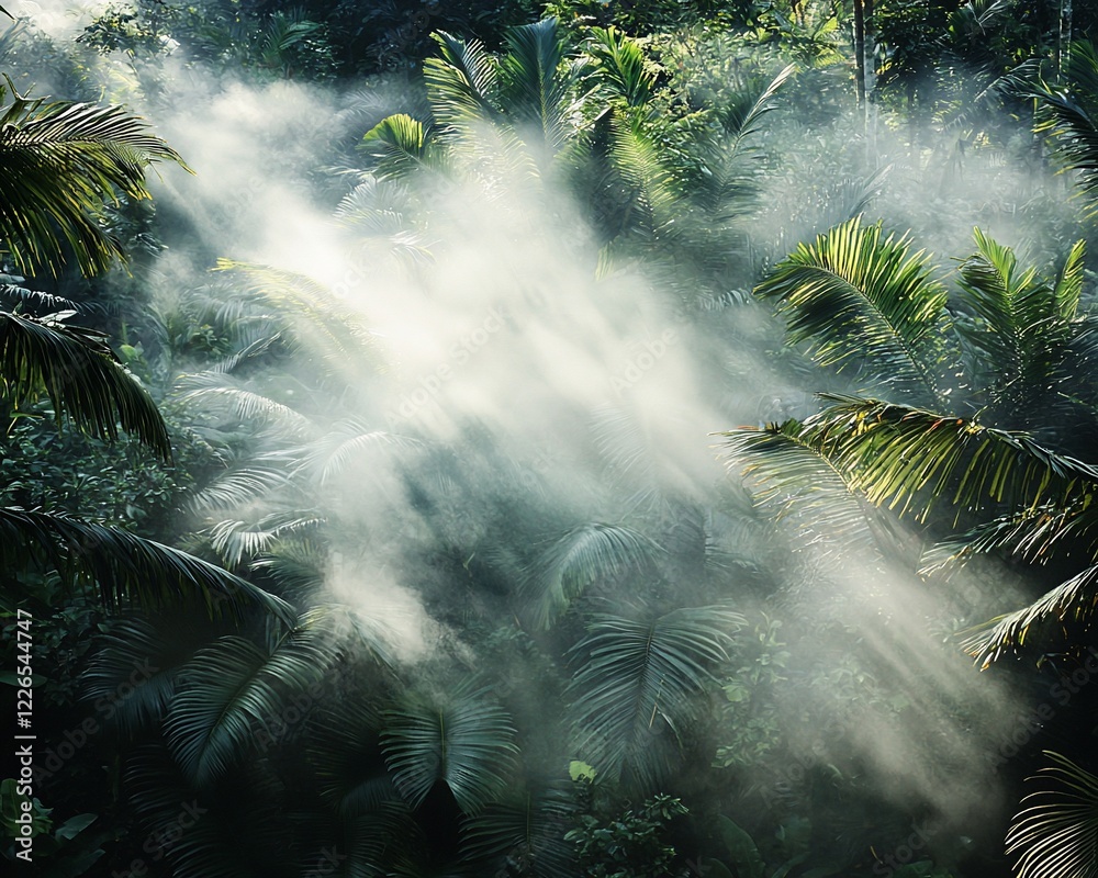 Naklejka premium Sunbeams pierce misty tropical jungle canopy.