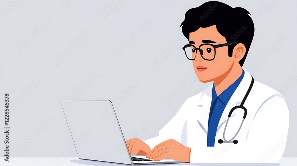 Doctor using laptop, healthcare professional working on computer. Doctor using laptop, healthcare professional working on computer.