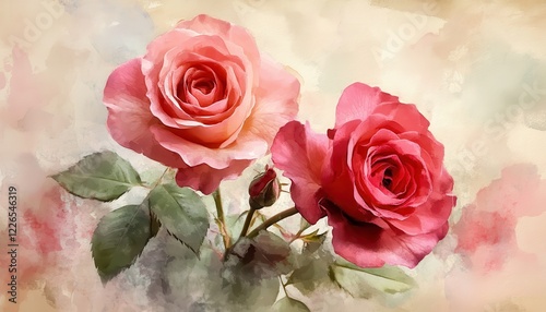 Watercolor Painting of Two Pink and Red Roses