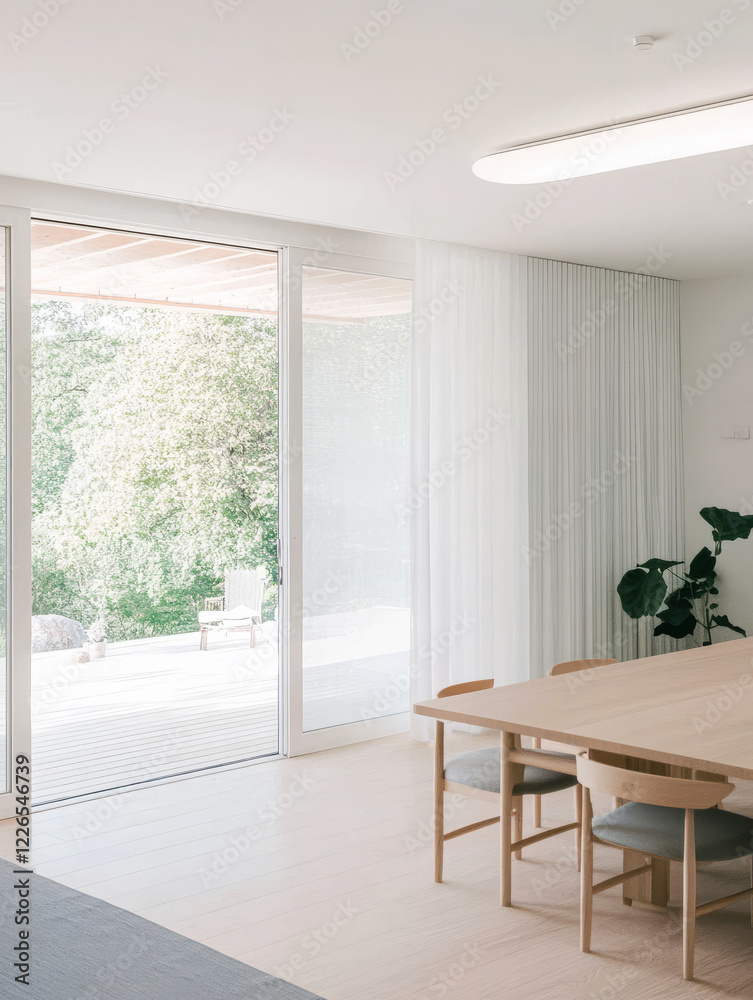 Fototapeta premium Minimalist dining area with large windows overlooking a serene outdoor space