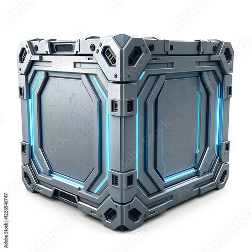 Futuristic Metallic Container with Glowing Blue Accents on White Background