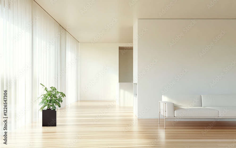 Obraz premium Modern interior design features bright space with minimalist furniture and greenery