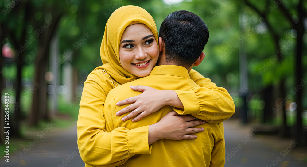 Fototapeta premium Joyful Muslim Asian Woman in Hijab Hugging Her Husband Romantically from Behind