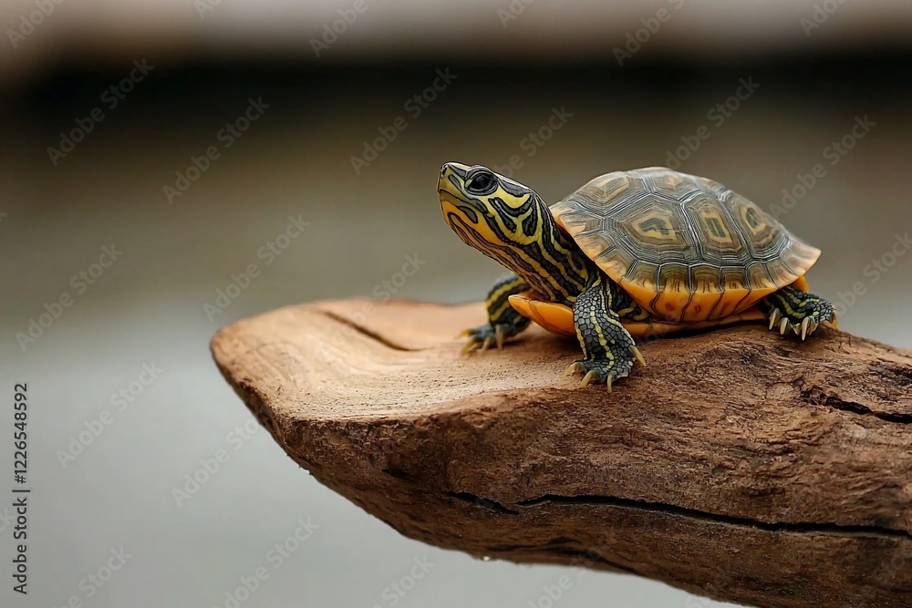 A vibrant turtle perched on a wooden log above calm waters, basking in the sunlight A vibrant turtle perched on a wooden log above calm waters, basking in the sunlight