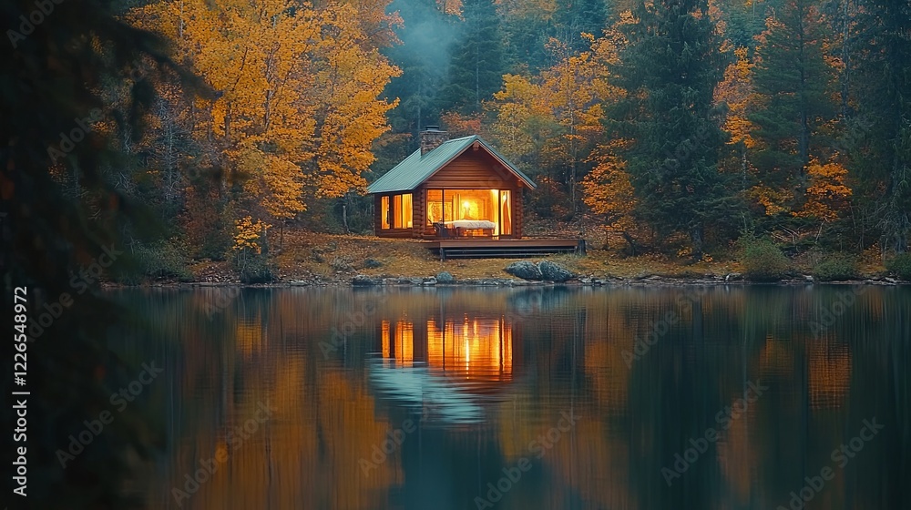 Obraz premium Autumn reflections at a serene lakeside cabin nature gigapixel cgi