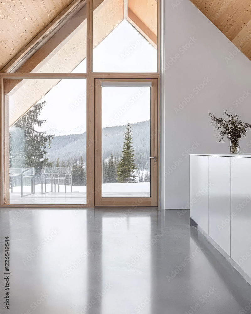 Fototapeta premium Modern minimalist interior with large windows showcasing snowy mountain landscape