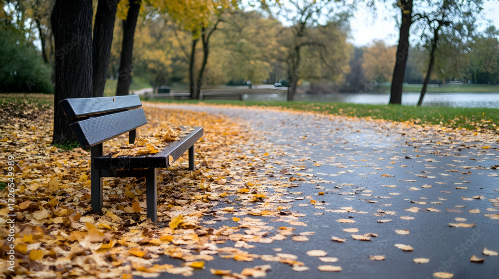 Autumn park bench by lake, fallen leaves path, calm scene Autumn park bench by lake, fallen leaves path, calm scene