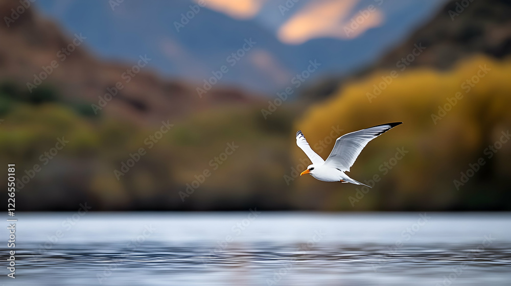 Bird in flight over calm lake, autumn foliage background, nature scene, wildlife photography Bird in flight over calm lake, autumn foliage background, nature scene, wildlife photography