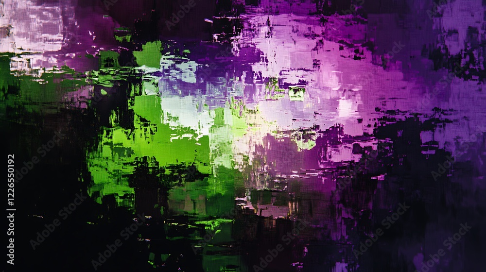 Abstract glitch art with purple, green, and black textures. Abstract glitch art with purple, green, and black textures.