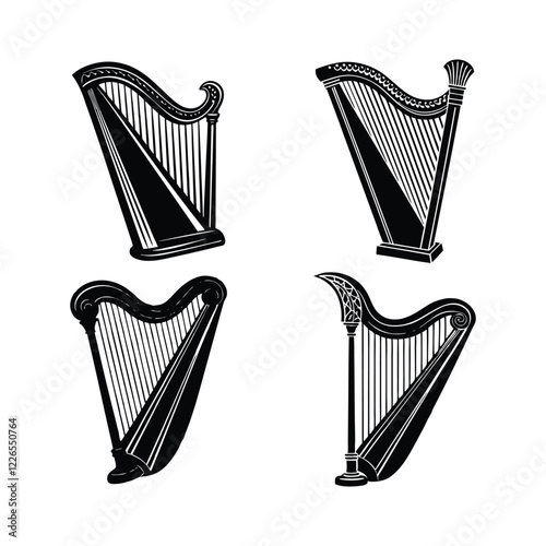 Set of different harps silhouette vector art design