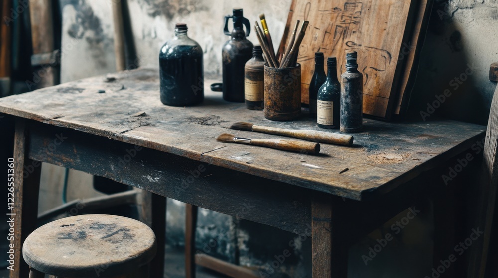 Fototapeta premium A rustic table filled with wood stain bottles, brushes, and a nearly completed handmade stool.