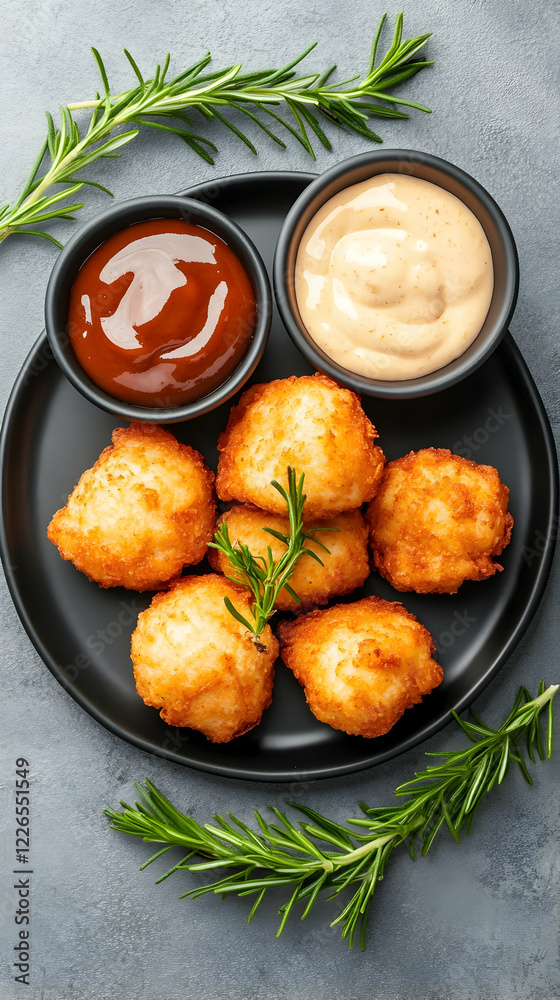 Crispy fried appetizers with dipping sauces. Overhead shot. Food photography for menu or website Crispy fried appetizers with dipping sauces. Overhead shot. Food photography for menu or website