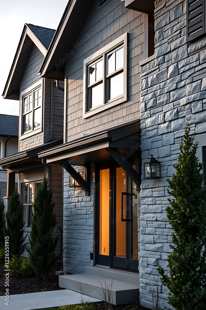 Modern House Exterior: Contemporary Home Design with Stone Facade and Evening Lighting Modern House Exterior: Contemporary Home Design with Stone Facade and Evening Lighting