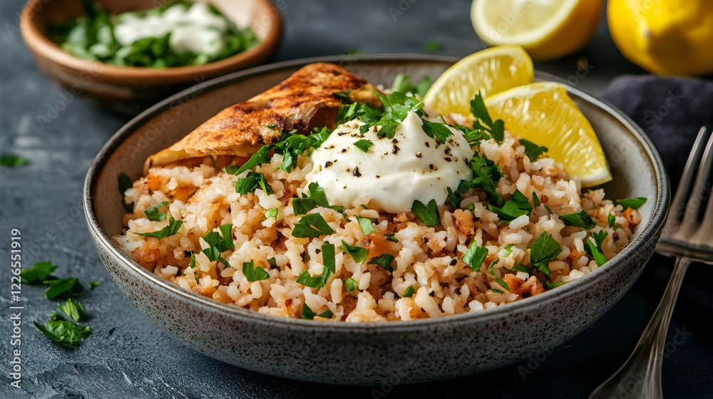 Delicious rice dish with lemon and yogurt, served in a bowl on a dark surface; ideal for food blogs and cookbooks Delicious rice dish with lemon and yogurt, served in a bowl on a dark surface; ideal for food blogs and cookbooks