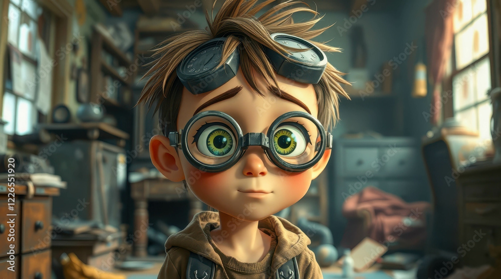 Animated portrait of a boy in a post-apocalyptic world. His glowing eyes in old glasses and curious expression convey naivety and a desire to explore the unknown. Animated portrait of a boy in a post-apocalyptic world. His glowing eyes in old glasses and curious expression convey naivety and a desire to explore the unknown.