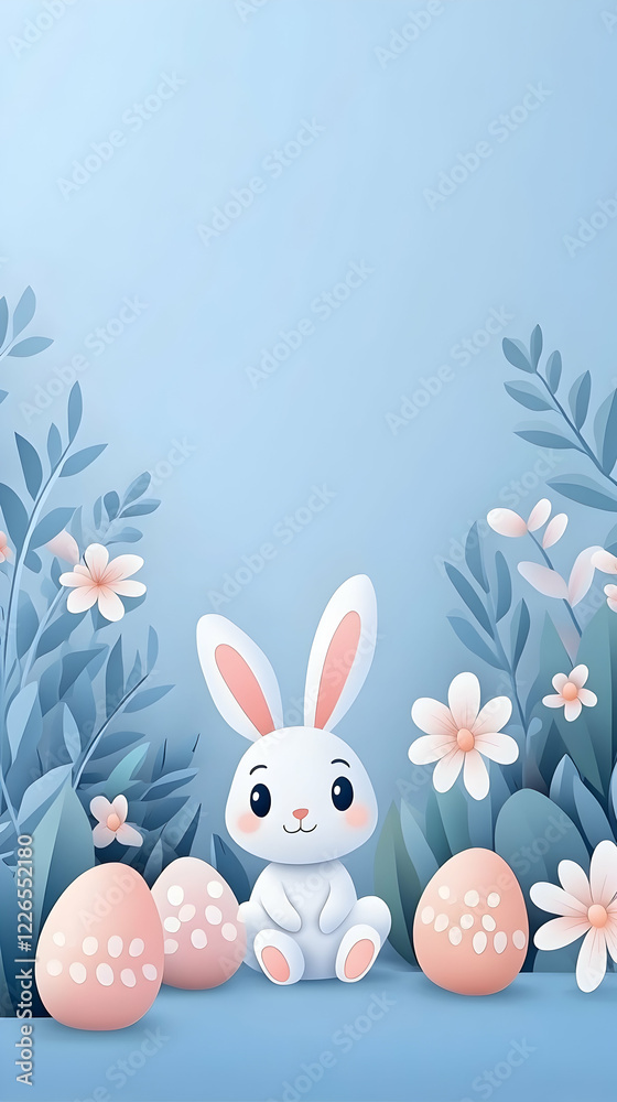 Obraz premium Easter bunny sitting amidst spring flowers and eggs, pastel blue background; ideal for greeting cards