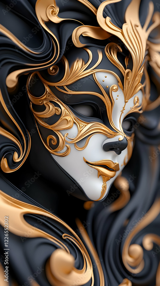Naklejka premium Elegant gold Venetian mask, ornate details, dark background, art, digital illustration