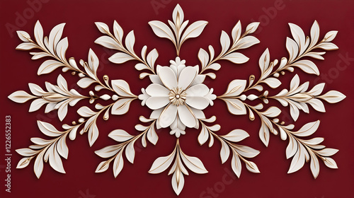 Elegant white floral ornament on red background; decorative wall art, home decor