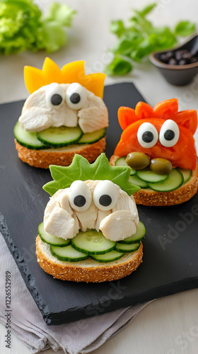 Fun monster sandwiches for kids lunch, vegetable garnish, slate background, healthy food photo