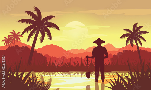 Farmer Silhouette in Mountains Rice Field Landscape with Golden Sun at Sunrise Sunset