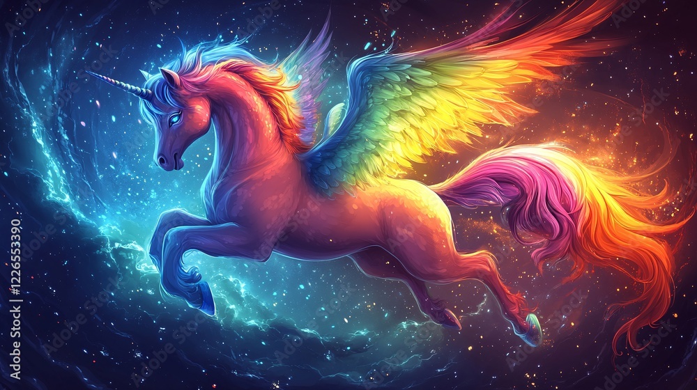 A vector illustration of a cheerful rainbow pegasus with glowing wings, flying through a magical storm. A vector illustration of a cheerful rainbow pegasus with glowing wings, flying through a magical storm.
