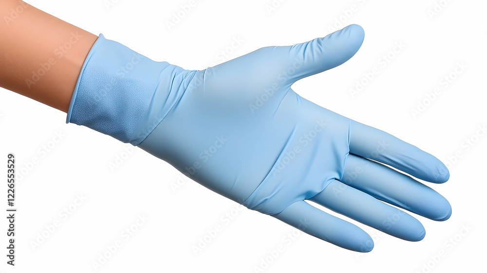 Hand wearing light blue nitrile glove, open palm, white background. Medical, hygiene, protection concept Hand wearing light blue nitrile glove, open palm, white background. Medical, hygiene, protection concept