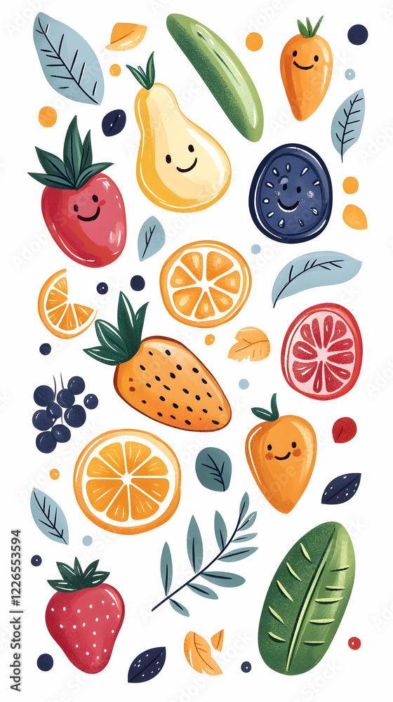 Happy fruits and vegetables pattern, healthy eating illustration, vibrant colors, white background, for food blogs