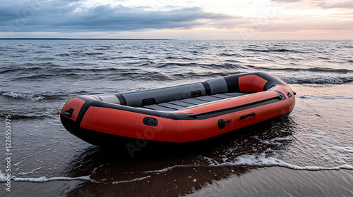 Inflatable boat on sandy beach at sunset, calm sea background; travel, adventure, leisure photo